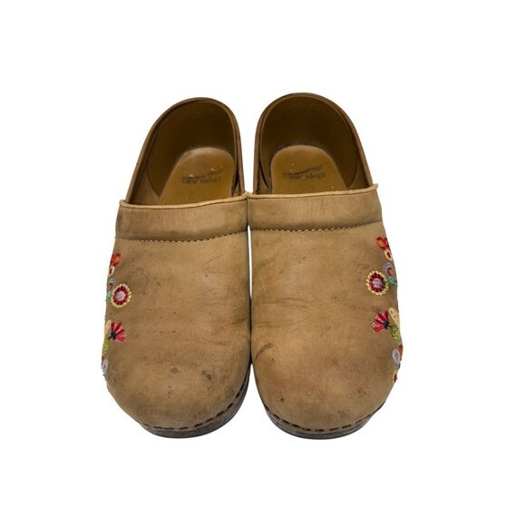 Dansko European Women's Tan Brown Earth-Toned Floral Embroidered Clogs Size 38 - Picture 4 of 14